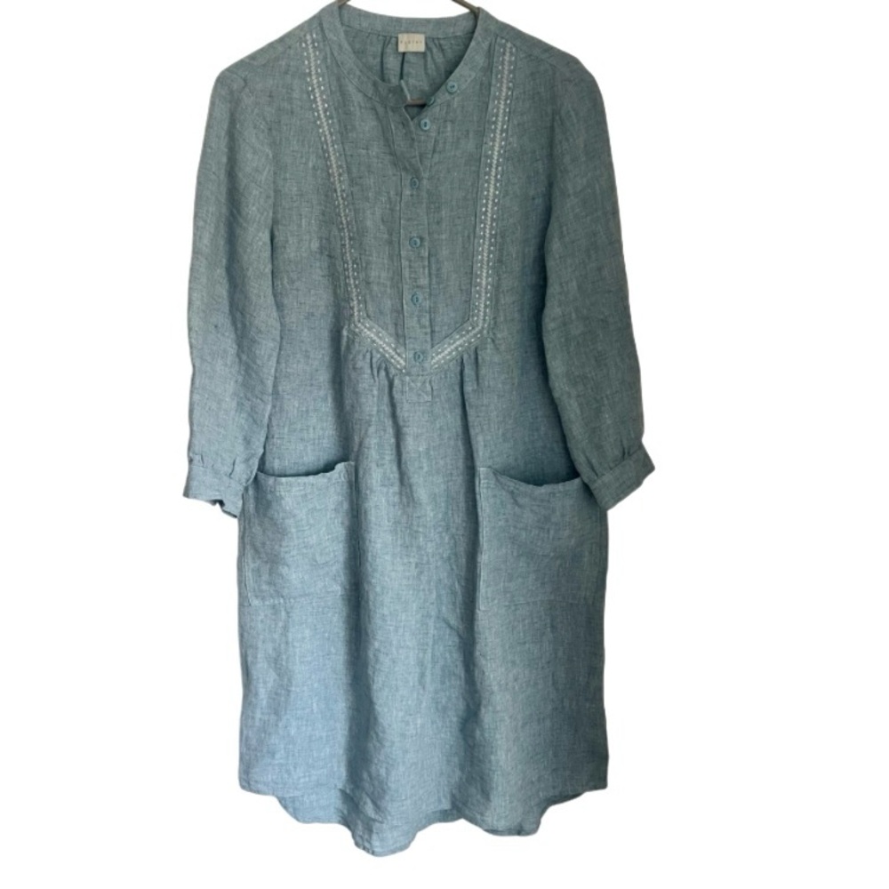 POETRY Embroidered Linen Relaxed Fit Shift Dress Blue Women's Size US 4
